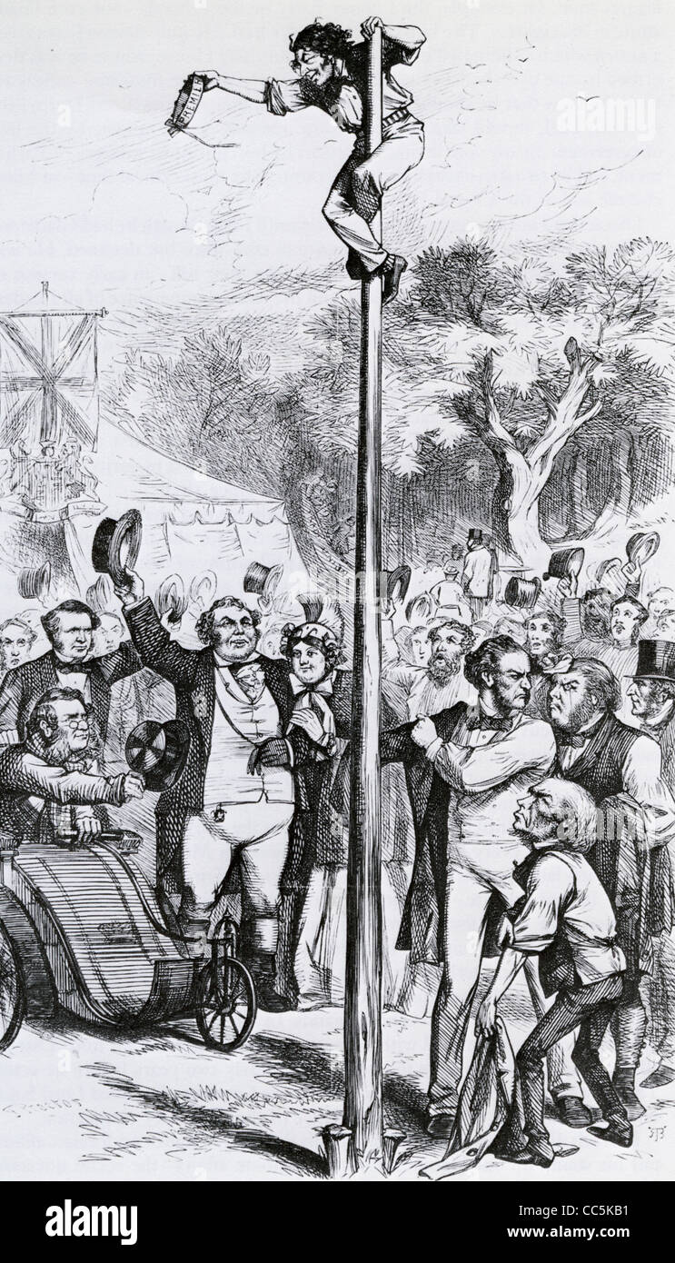 BENJAMIN DISRAELI diventata British PM nel marzo 1868. Cartoon riferimento alla sua affermazione aveva raggiunto il top del polo grassa" Foto Stock