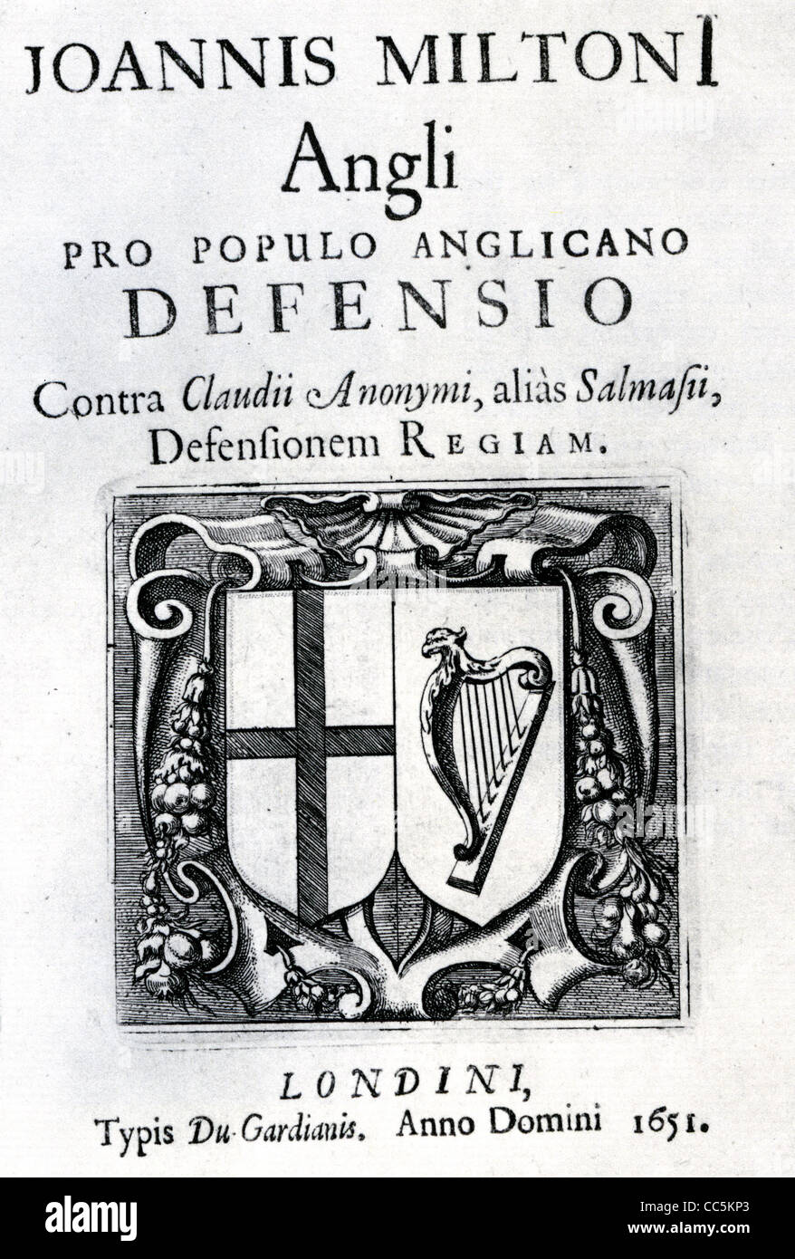 JOHN MILTON - Titolo pagina del suo 1651 per la difesa del popolo inglese, una smentita a Salmasius's Defensio Regia Foto Stock