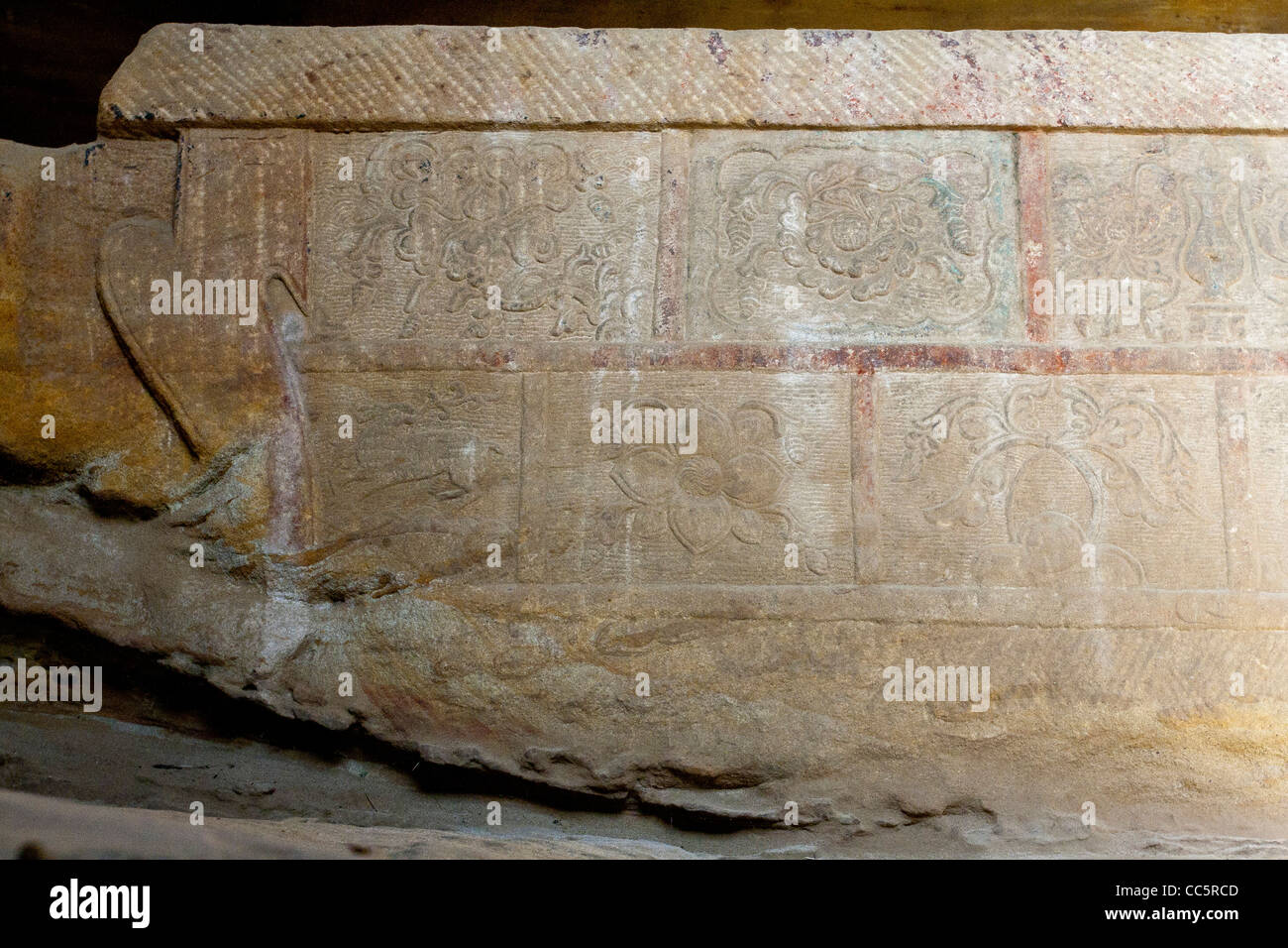In pietra scolpita con motivi, Pietra Rossa Gorge, Yulin, Shaanxi , Cina Foto Stock