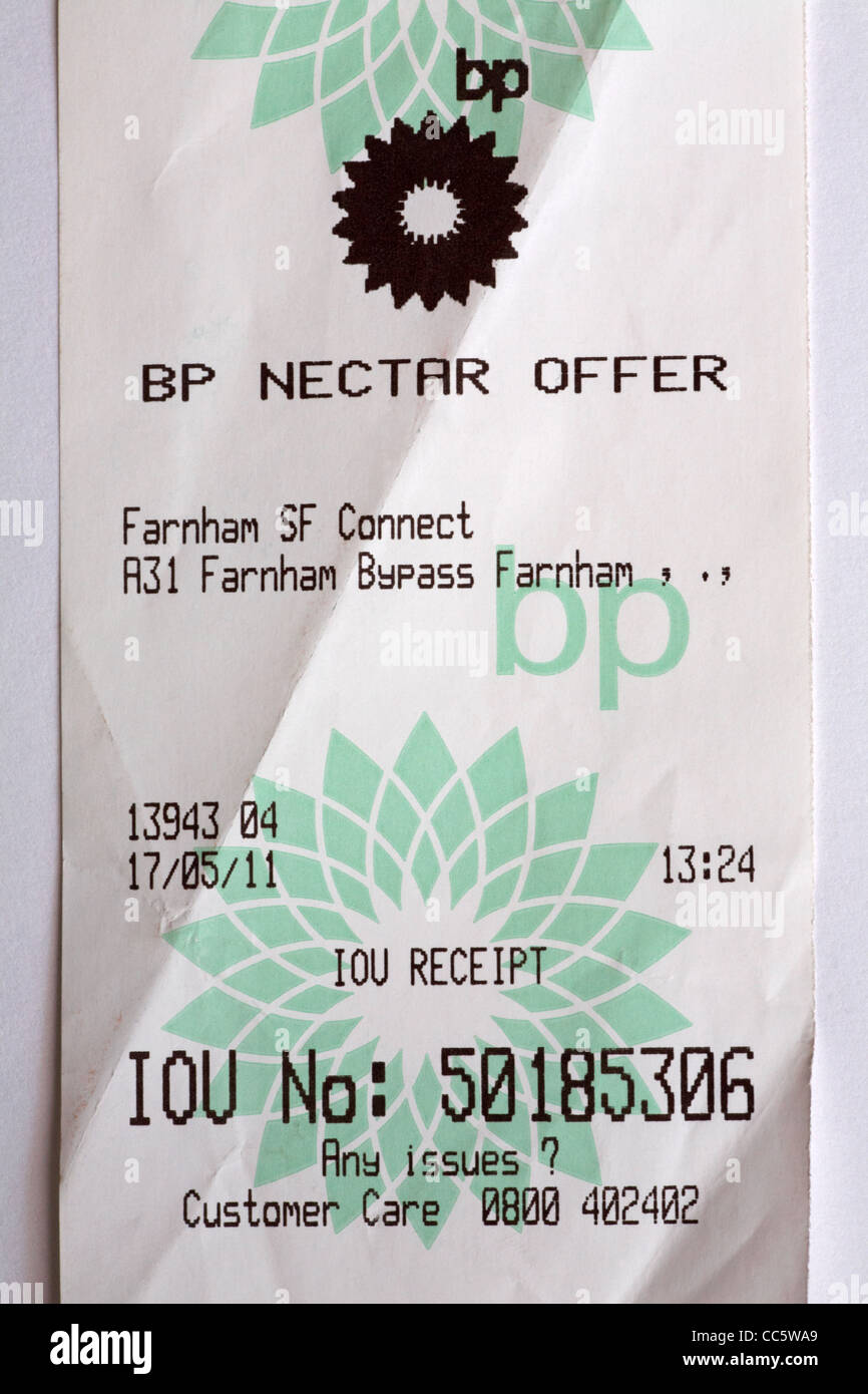IOU ricevuta rilasciata da BP nettare offrono dopo l'acquisto di carburante al garage senza scheda di nettare presente Foto Stock