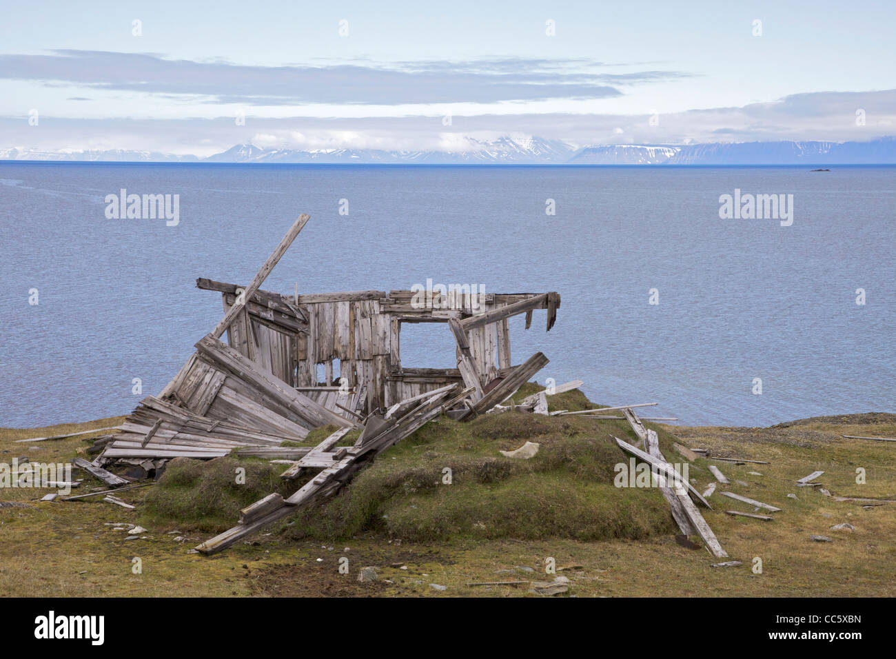 Rovinato, cacciatori capanna, Alkehornet, Spitzbergen, Svalbard, Norvegia, Europa Foto Stock