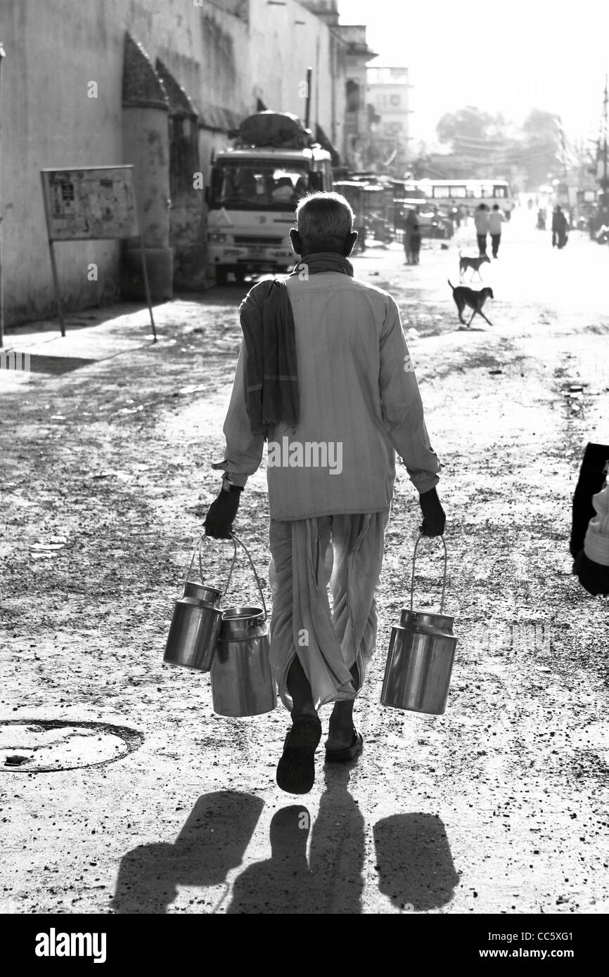 L'uomo consegnare latte di mattina presto. Pushkar. Rajasthan . India Foto Stock