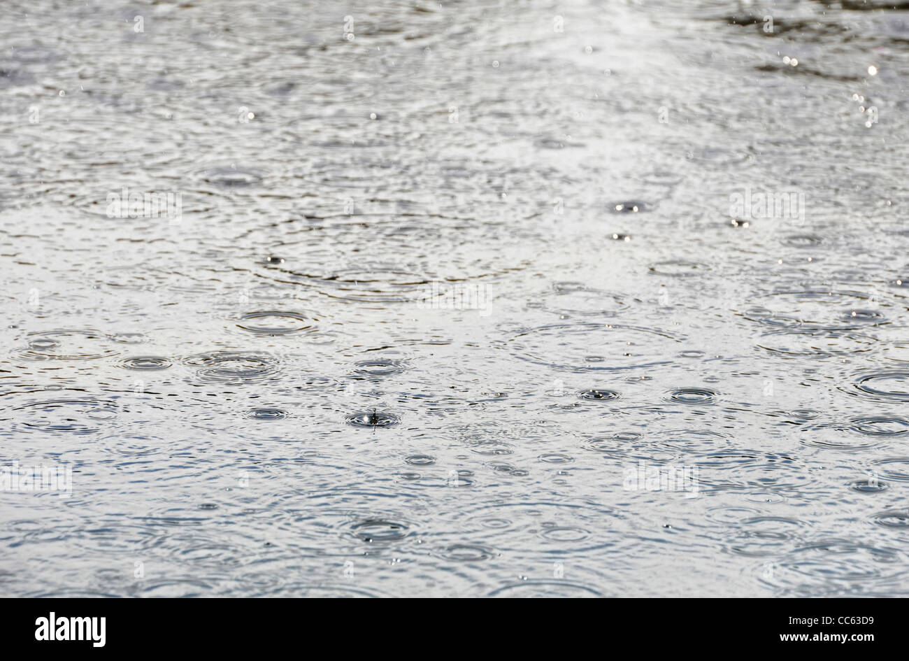 Le gocce di pioggia sulla superficie dell'acqua Foto Stock