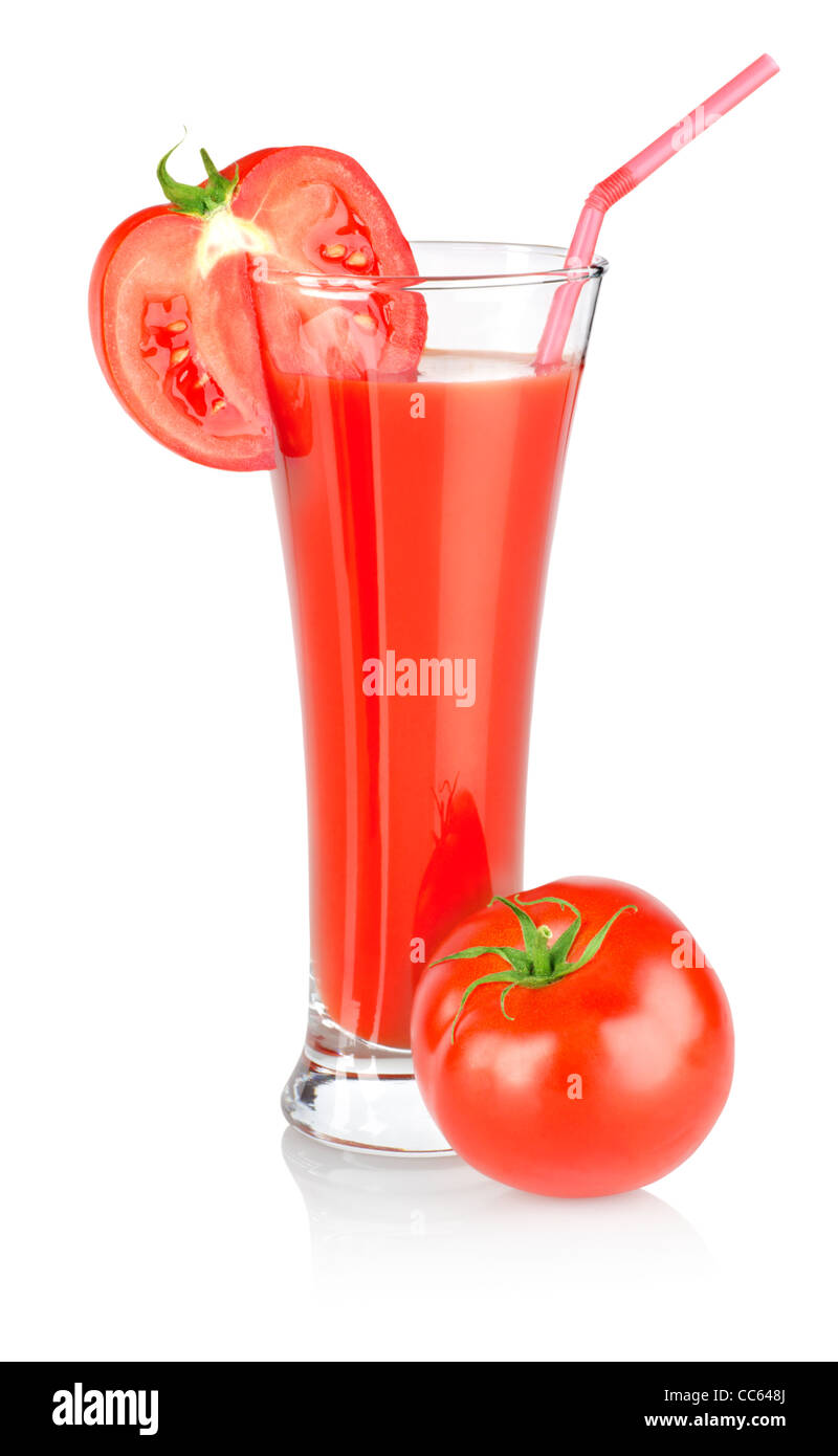 Il succo di pomodoro e il pomodoro isolato su sfondo bianco Foto Stock