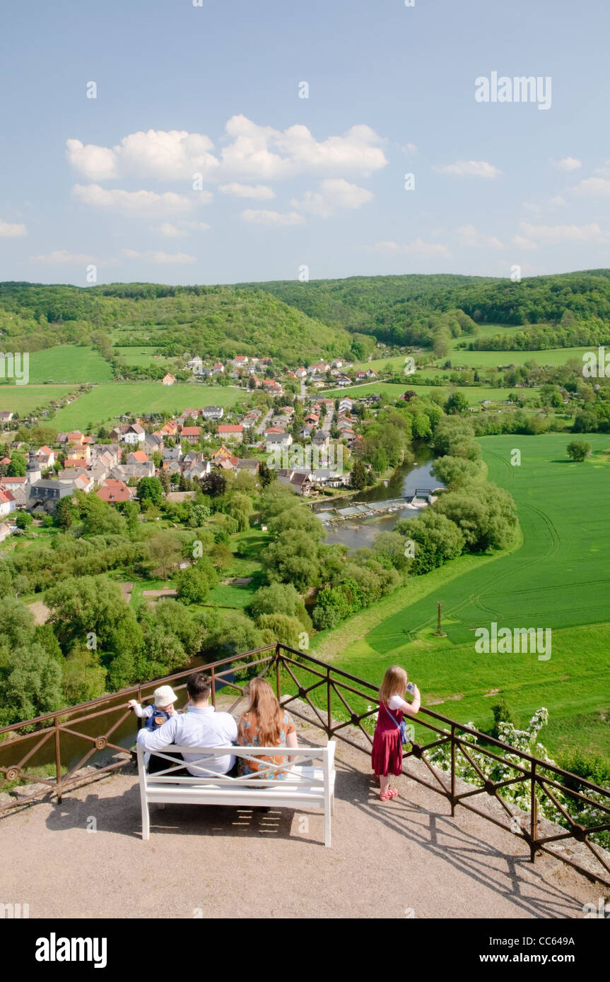 Vista sulla Saaletal, Saale River Valley, dal Dornburg Castelli, Dornburg, Turingia, Germania, Europa Foto Stock