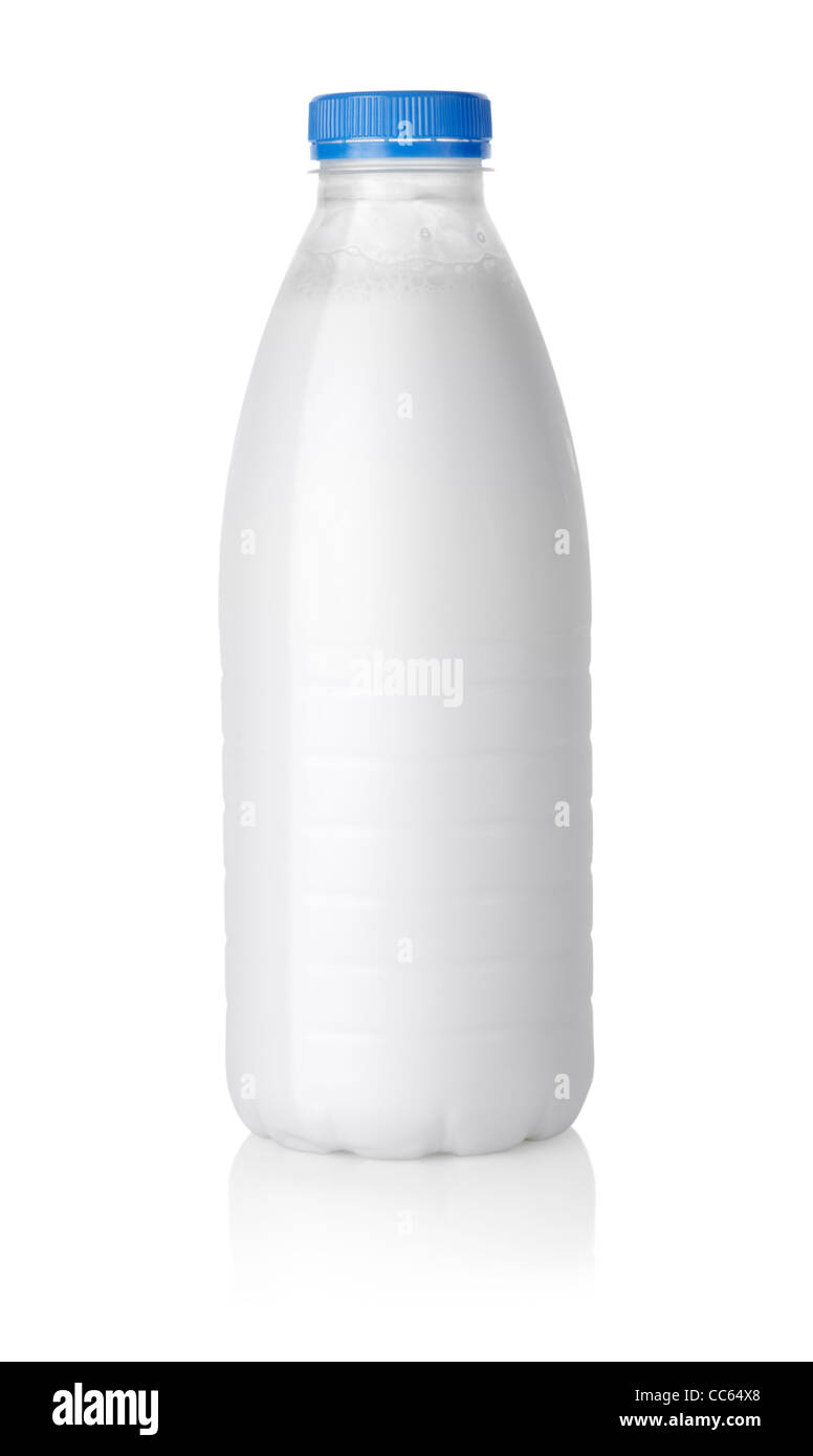 La bottiglia di plastica del latte isolato su sfondo bianco il percorso Foto Stock