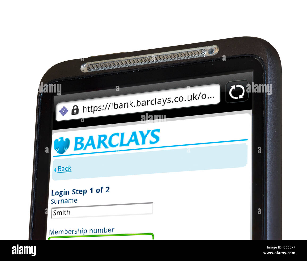 Mobile banking con Barclays Bank su uno smartphone HTC Foto Stock