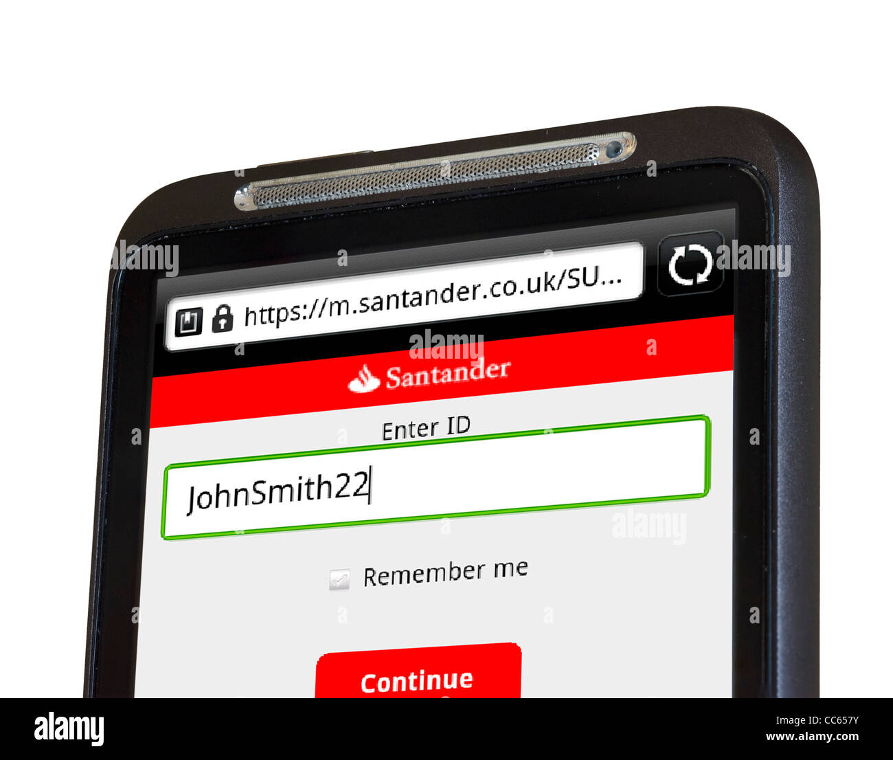 Mobile banking con Santander su uno smartphone HTC Foto Stock