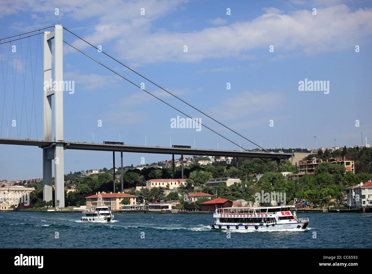 Turchia, Istanbul, Beylerbeyi, Ponte sul Bosforo, barche Foto Stock