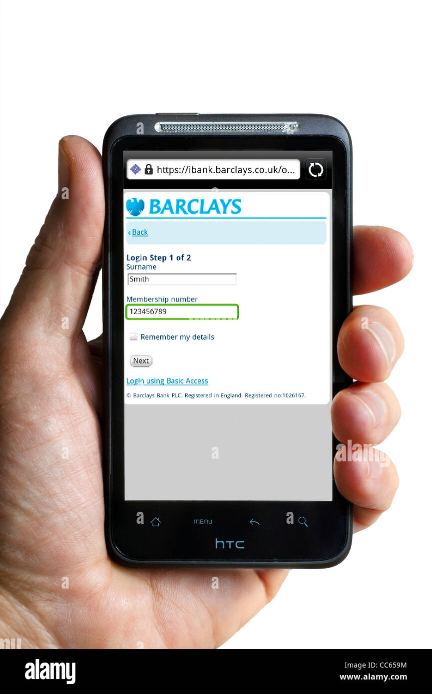 Mobile banking con Barclays Bank su uno smartphone HTC Foto Stock