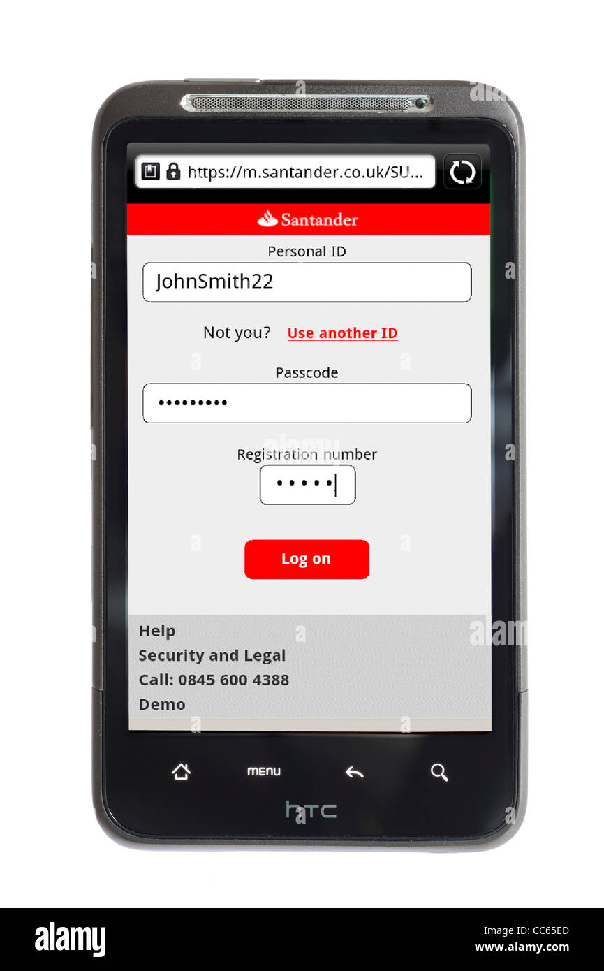 Online banking con Santander su uno smartphone HTC Foto Stock