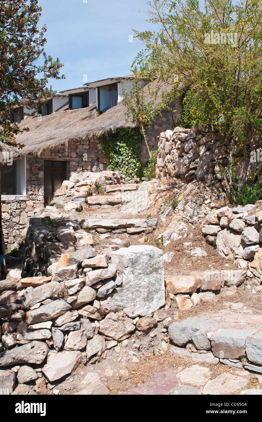 Perù, Lago Titicaca. Suasi Island Lodge nella Riserva Nazionale Titicaca, Lago Titicaca, Perù. Foto Stock