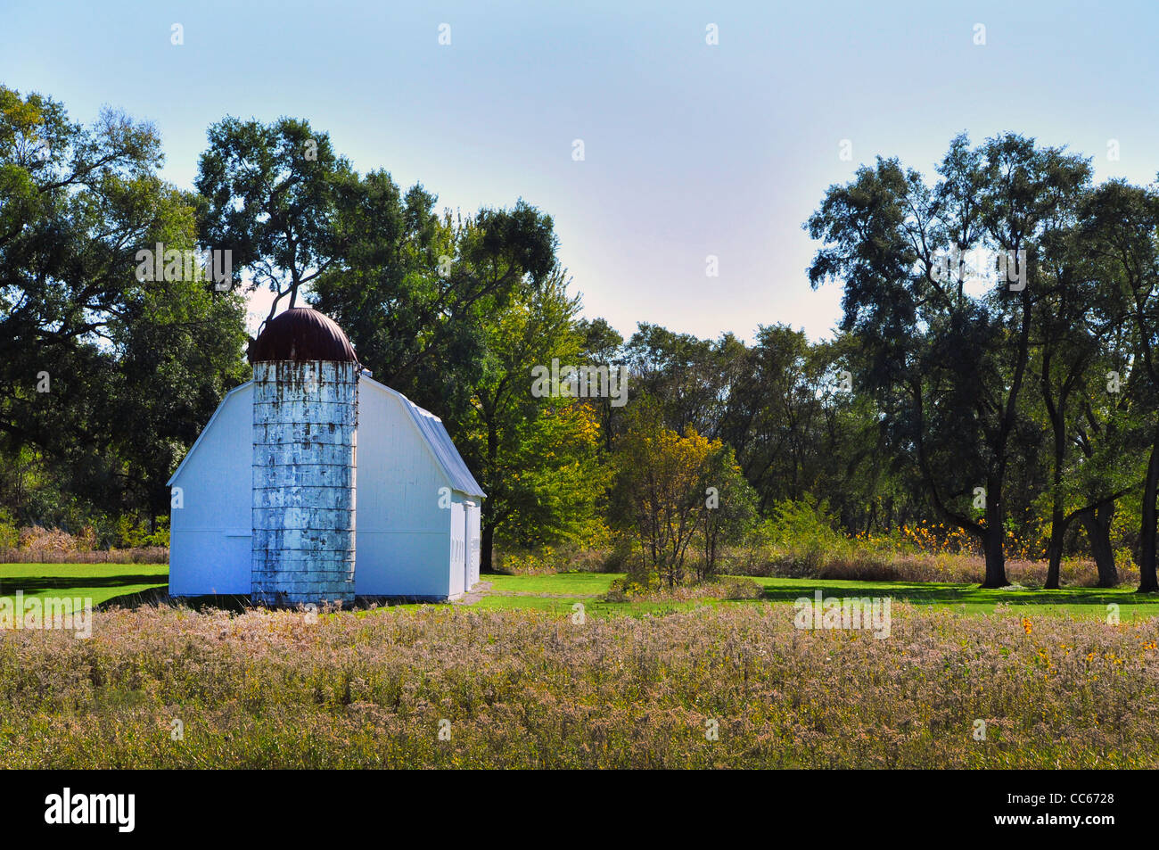 White Barn con il silo in parte anteriore della linea di albero in ambiente rurale, giornata di sole e cielo blu. Foto Stock