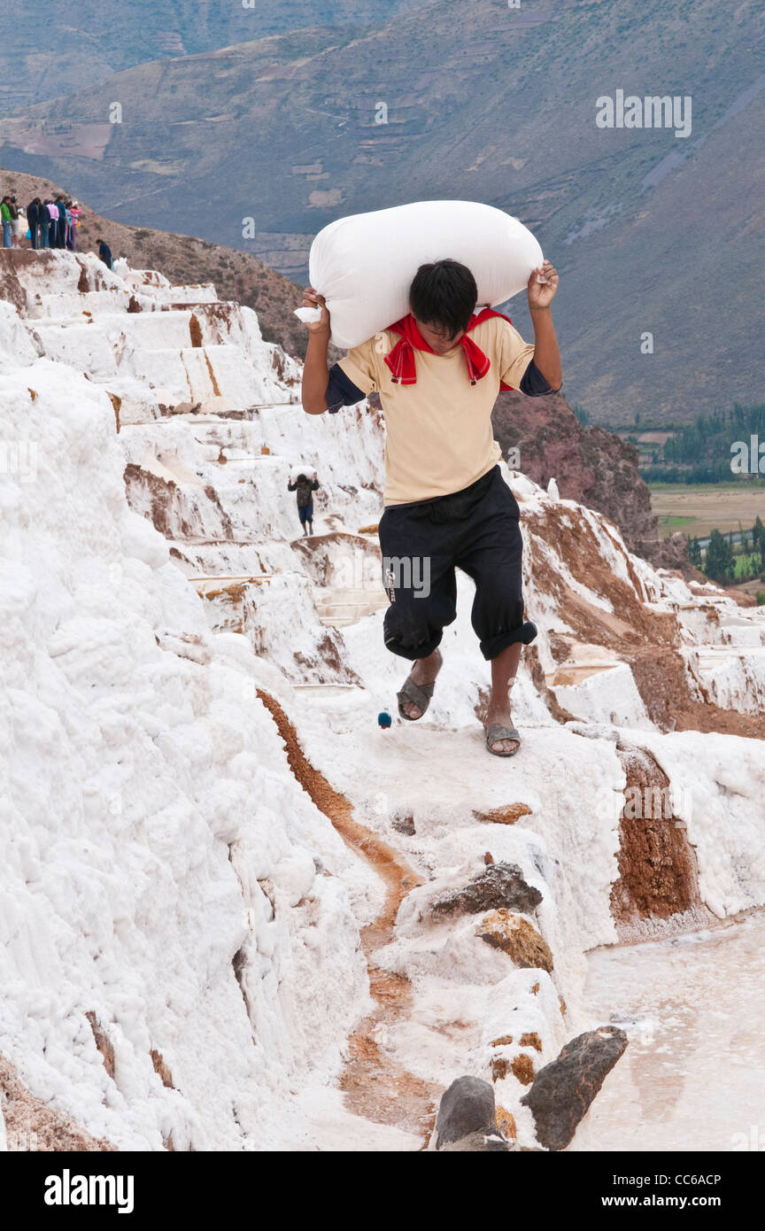Inca uomo lavoratore porta sacco sale a Salinas De Maras terrazzati stagni di sale pentole mine antiuomo terrazze, Valle Sacra, Perù. Foto Stock