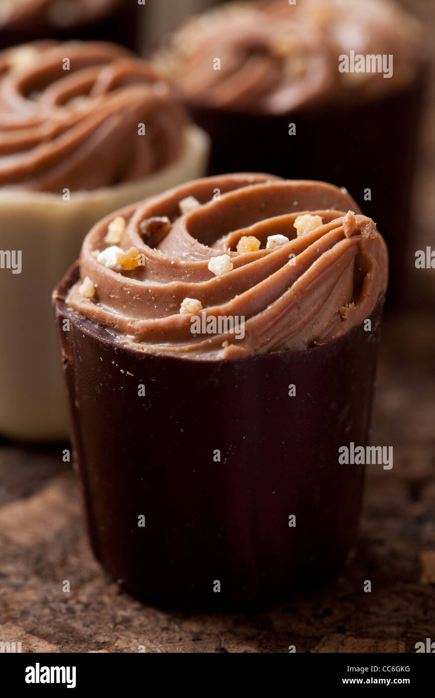 Close-up di deliziose praline di cioccolato. Studio shot. Foto Stock