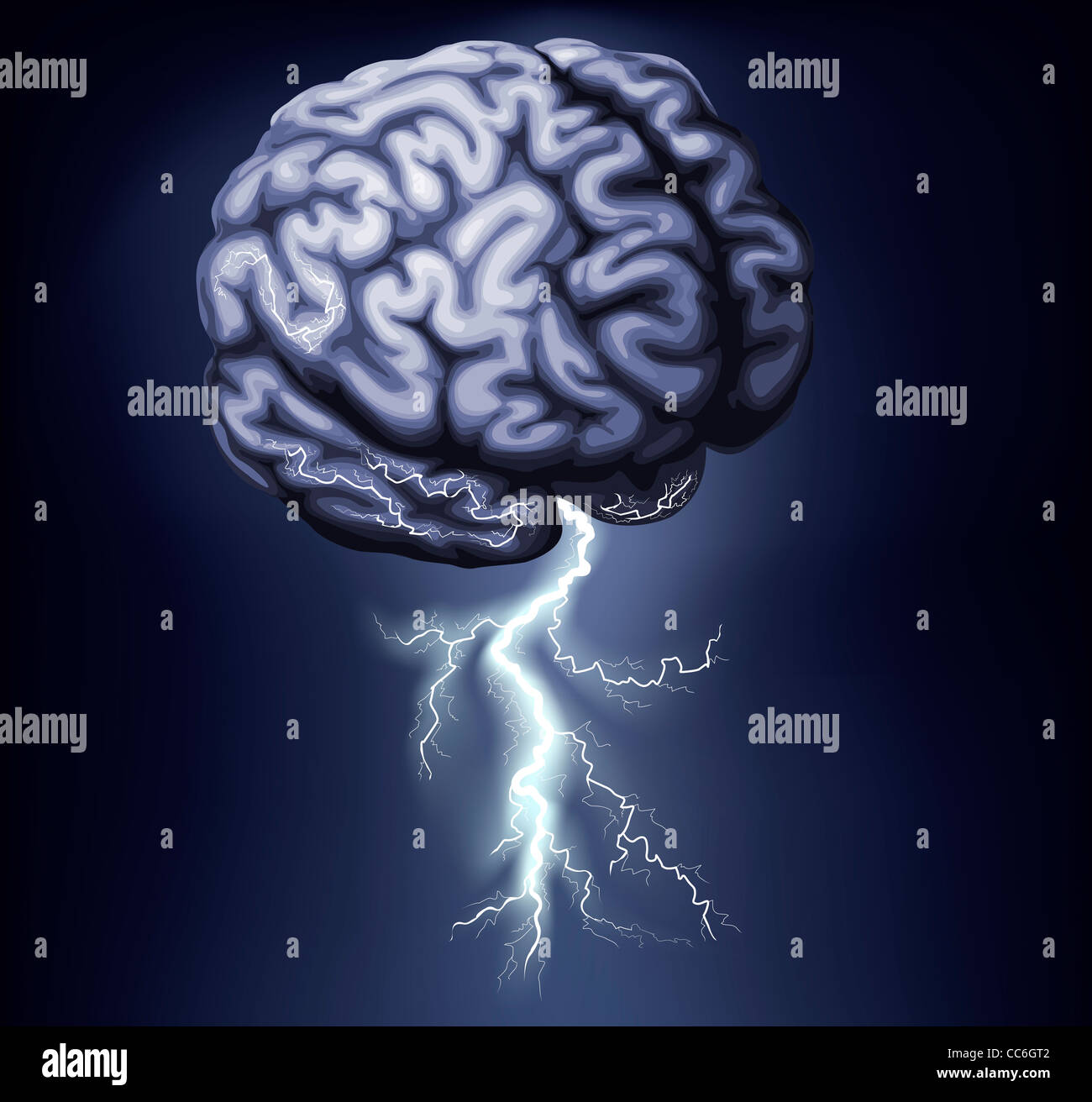 Illustrazione di un cervello con un fulmine uscente da esso. Un concetto per un brain storm Foto Stock
