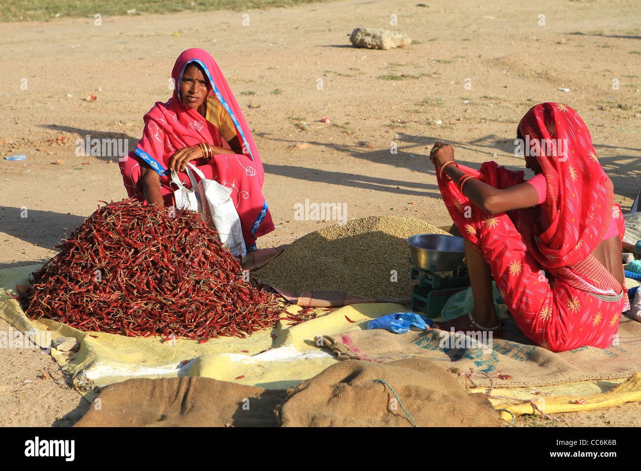 Le donne indiane in sari tradizionale peperoni di vendita in un mercato di un paese. Khajurahho. India Foto Stock