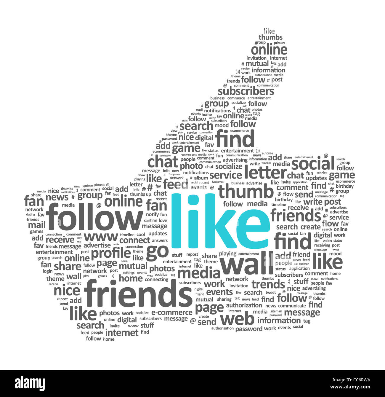 Illustrazione del pollice in alto simbolo, che è composto di parole su social media i temi. Isolato su bianco. Foto Stock