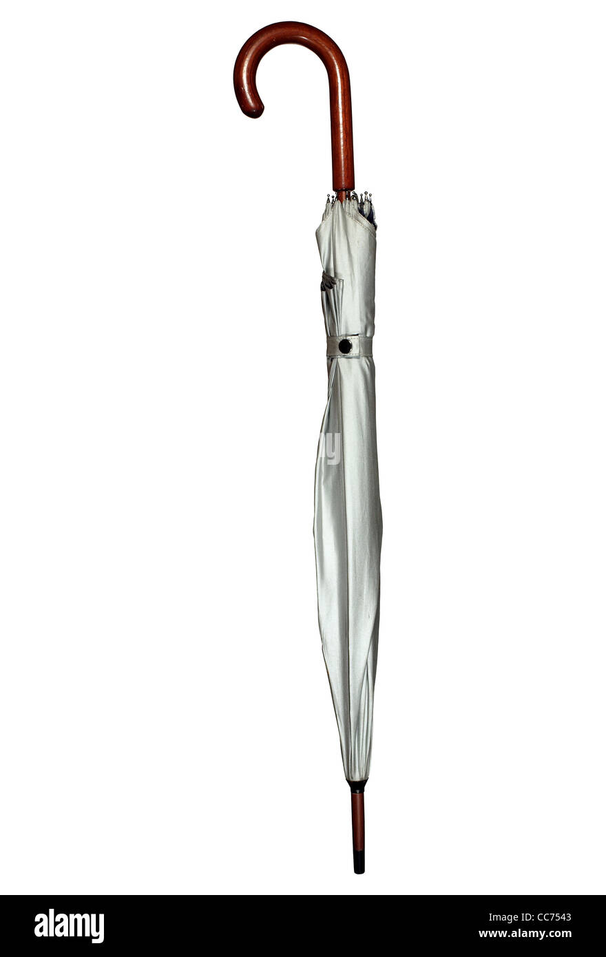 Ombrello di colore argento con il marrone del manico in legno isolato su bianco Foto Stock