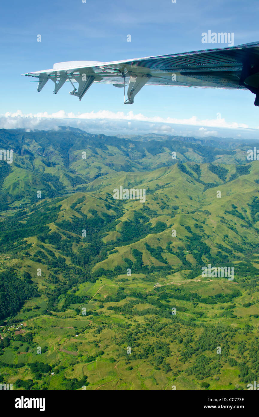 Figi antenna sopra ala di aeroplano sorvolare le montagne verdi Foto Stock