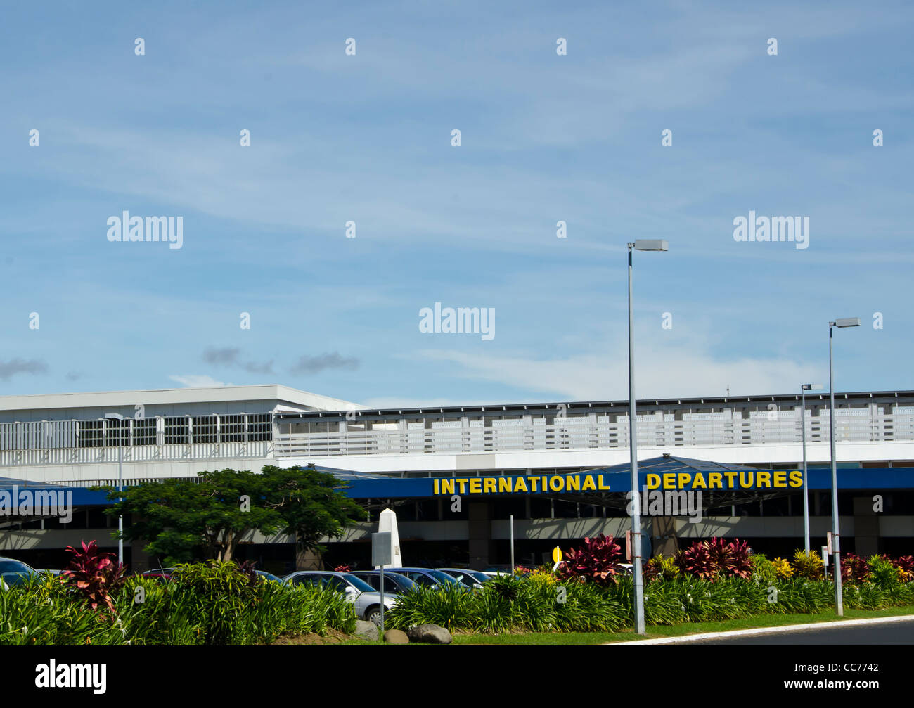 Isole Figi Nadi Aeroporto Internazionale esterno partenze internazionali segno Foto Stock