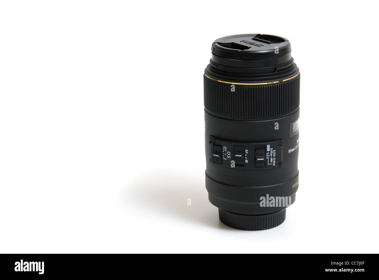 Macro obiettivo reflex su sfondo bianco, fotografia immagine. Foto Stock