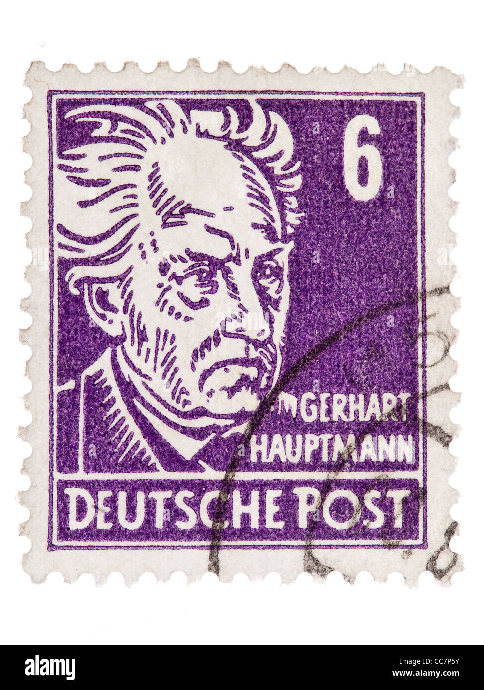 Francobollo: Deutsche Post, DDR, 1952, Gerhart Hauptmann, 6 pfennig, stampigliato Foto Stock
