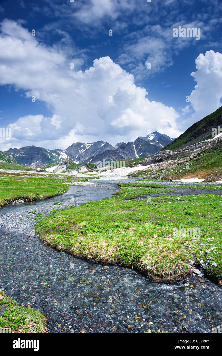 Greina Mountain Valley, con piccolo fiume. Tessin, Svizzera Foto Stock