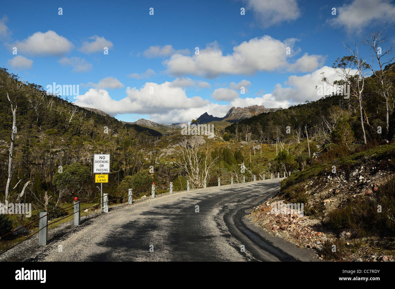 La strada attraverso Cradle Mountain-Lake St Clair National Park, Patrimonio Mondiale UNESCO Area, Tasmania, Australia Foto Stock