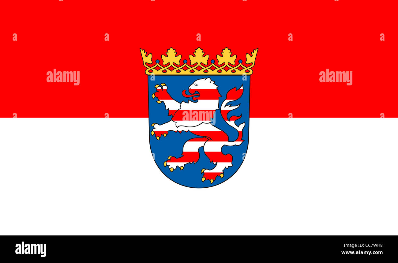 Bandiera di Hesse con lo stemma del lo stato federale tedesco. Foto Stock