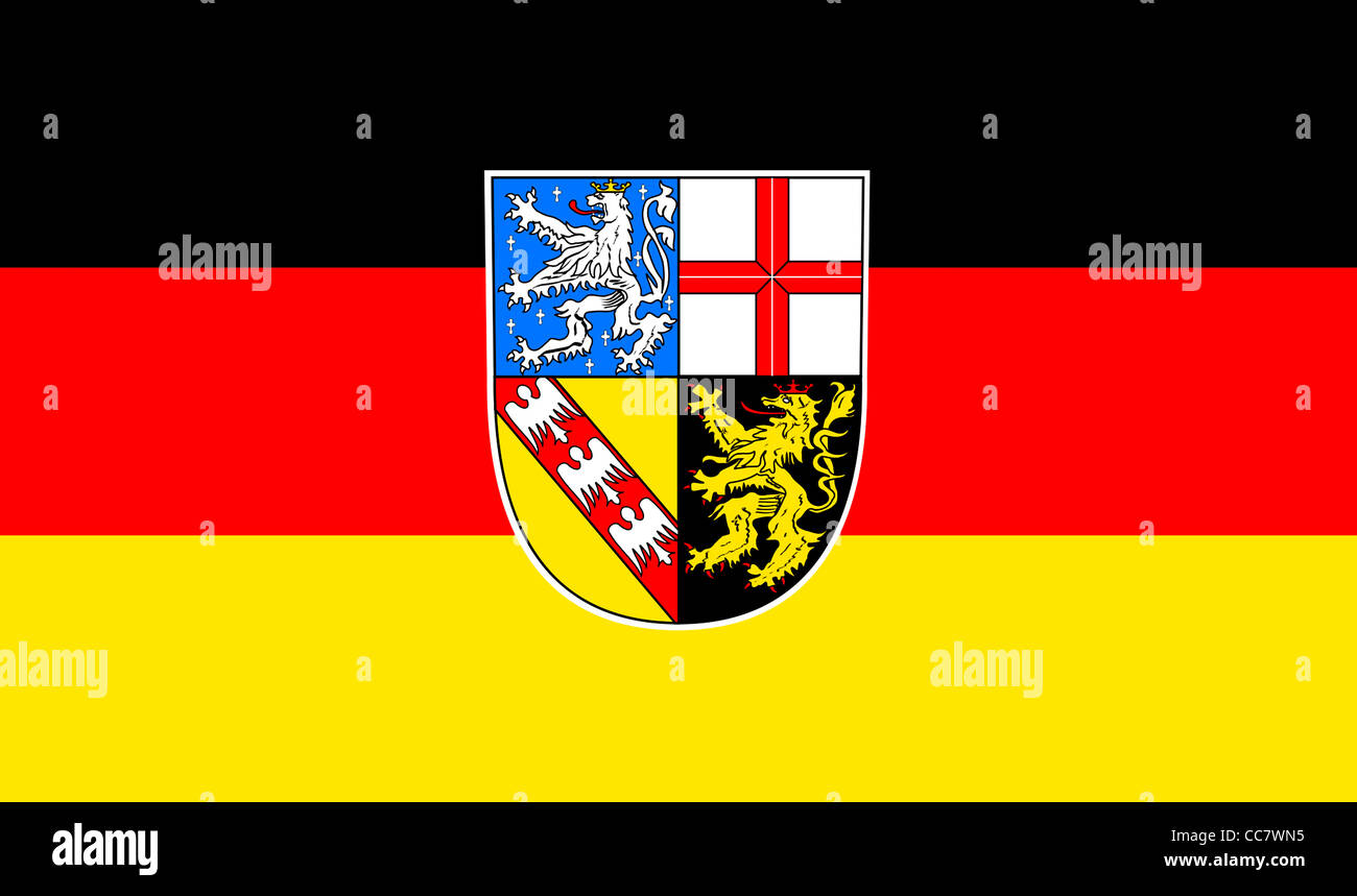 Bandiera della Saar con lo stemma del lo stato federale tedesco. Foto Stock