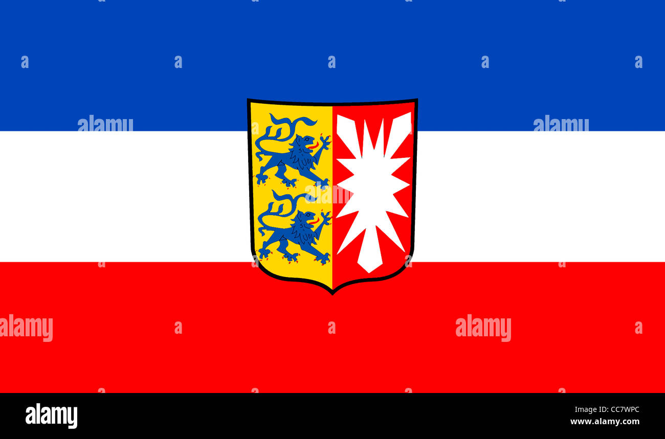 Bandiera di Schleswig Holstein con lo stemma del lo stato federale tedesco. Foto Stock