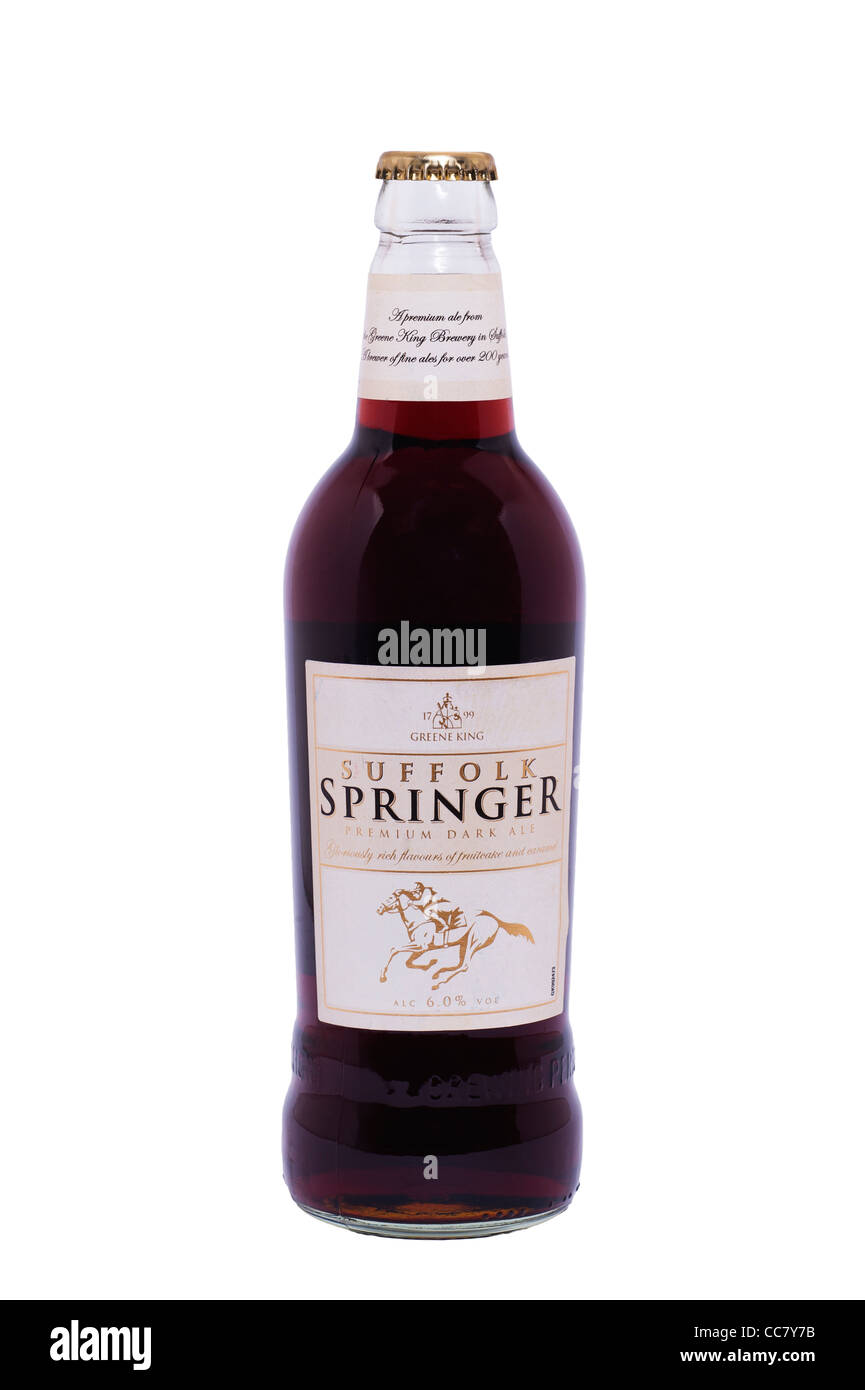 Una bottiglia di Greene King 6% Suffolk Springer premium ale scuro su sfondo bianco Foto Stock