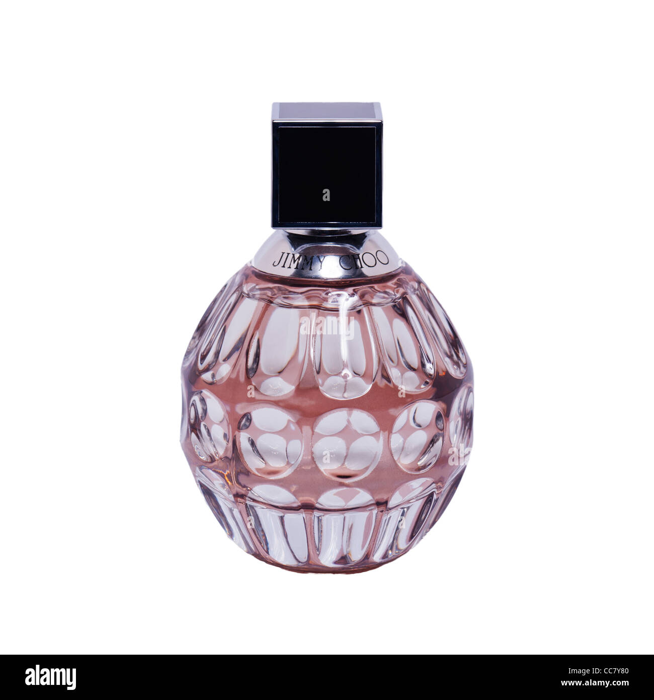 Una bottiglia di profumo da Jimmy Choo su sfondo bianco Foto Stock