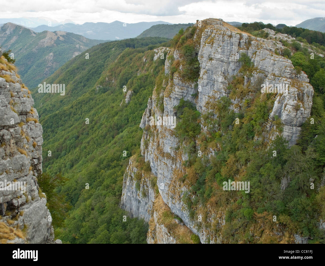 Scogliere calcaree sui monti Alburni, nel Parco Nazionale del Cilento, provincia di Salerno, regione Campania, Italia Meridionale Foto Stock