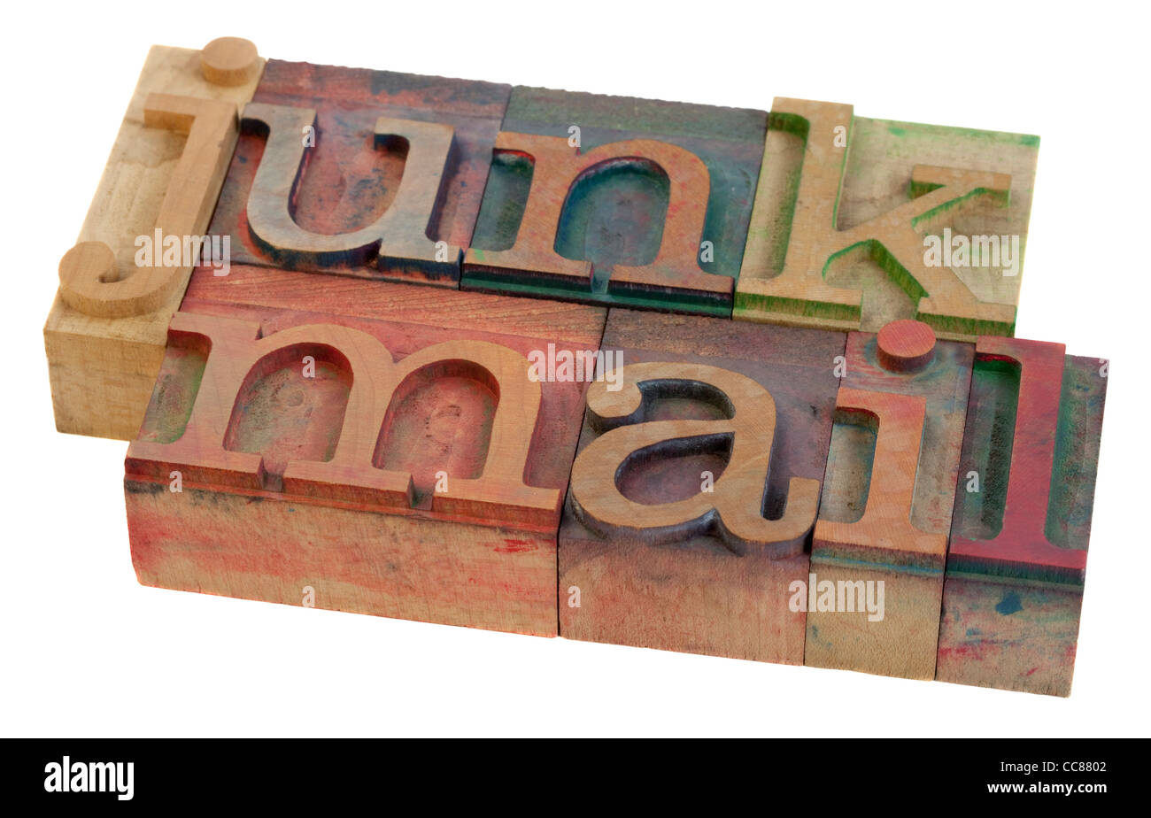La posta indesiderata - parole in vintage tipografia blocchi, macchiata di inchiostri a colori, isolato su bianco Foto Stock