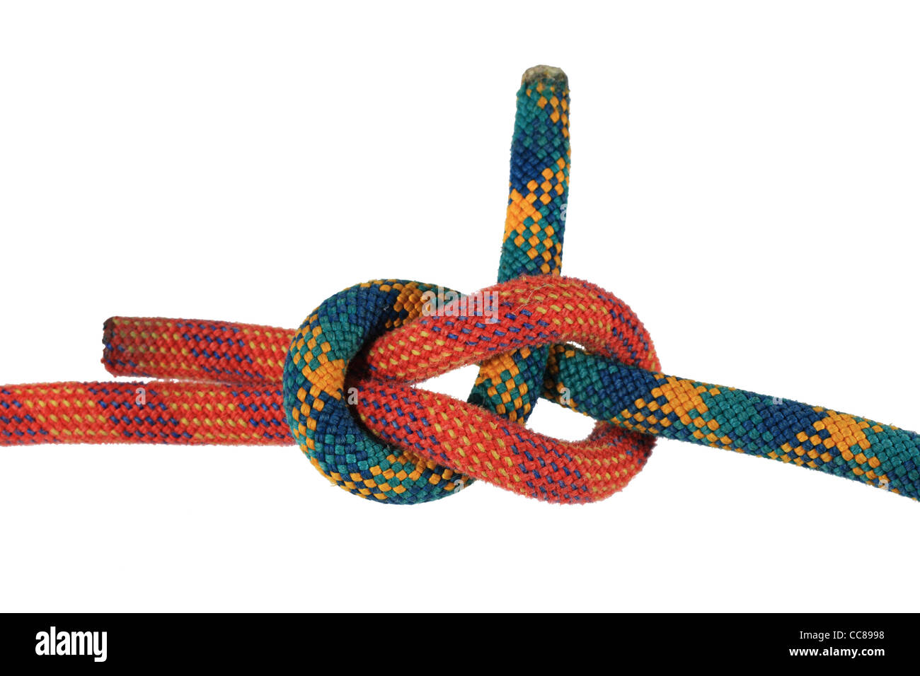 Piegare il foglio o tessitore knot unendo il rosso e il verde arrampicarsi sulle funi isolato su bianco Foto Stock