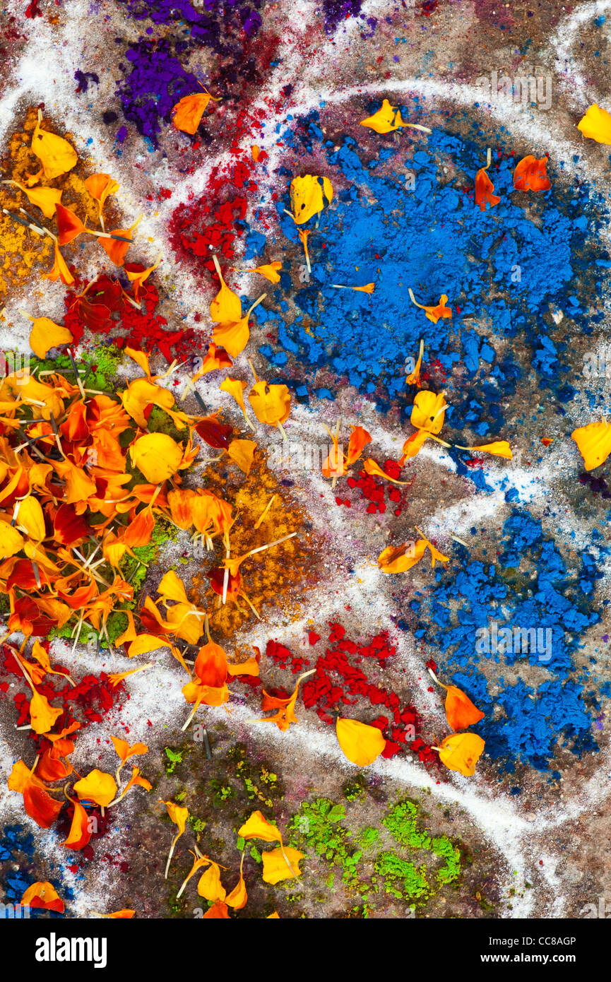 Rangoli festival di polvere colorata design e petali di fiori in un Indiano street. Andhra Pradesh, India Foto Stock