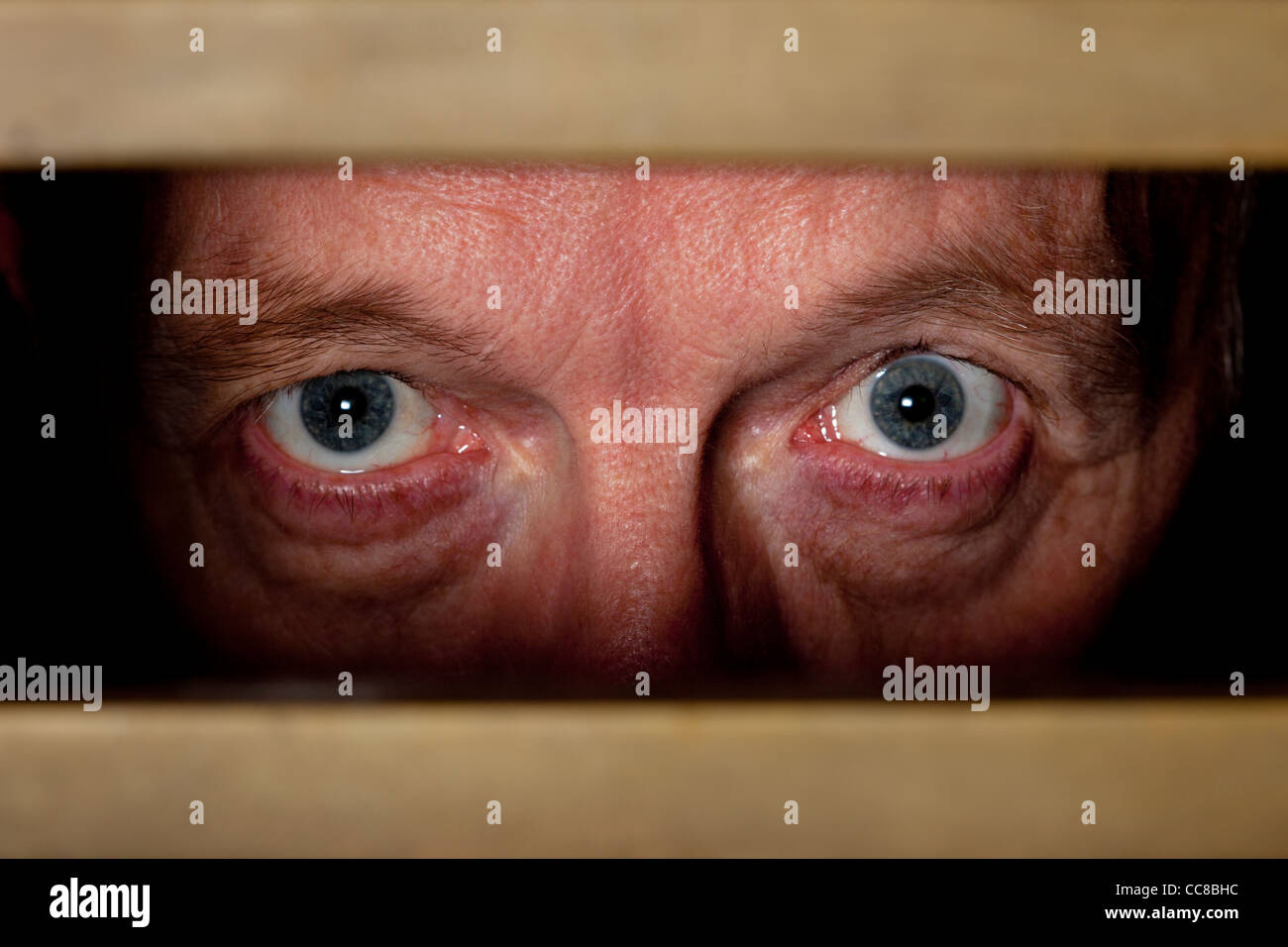 Uomo che guarda attraverso il formato letterbox i suoi occhi fissando la telecamera Foto Stock