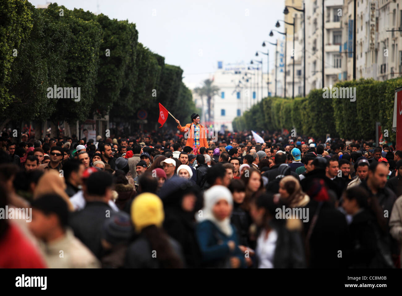 Clown tenendo la bandiera Tunisina nel 14 gennaio 2012 rivoluzione tunisina celebrazione. Foto Stock