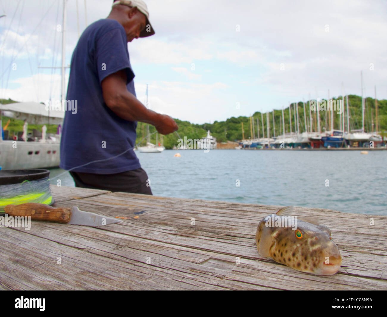 Uomo locale pesca con una mano la linea a Nelson's Historic Dockyard, English Harbour, Antigua, W.I Foto Stock