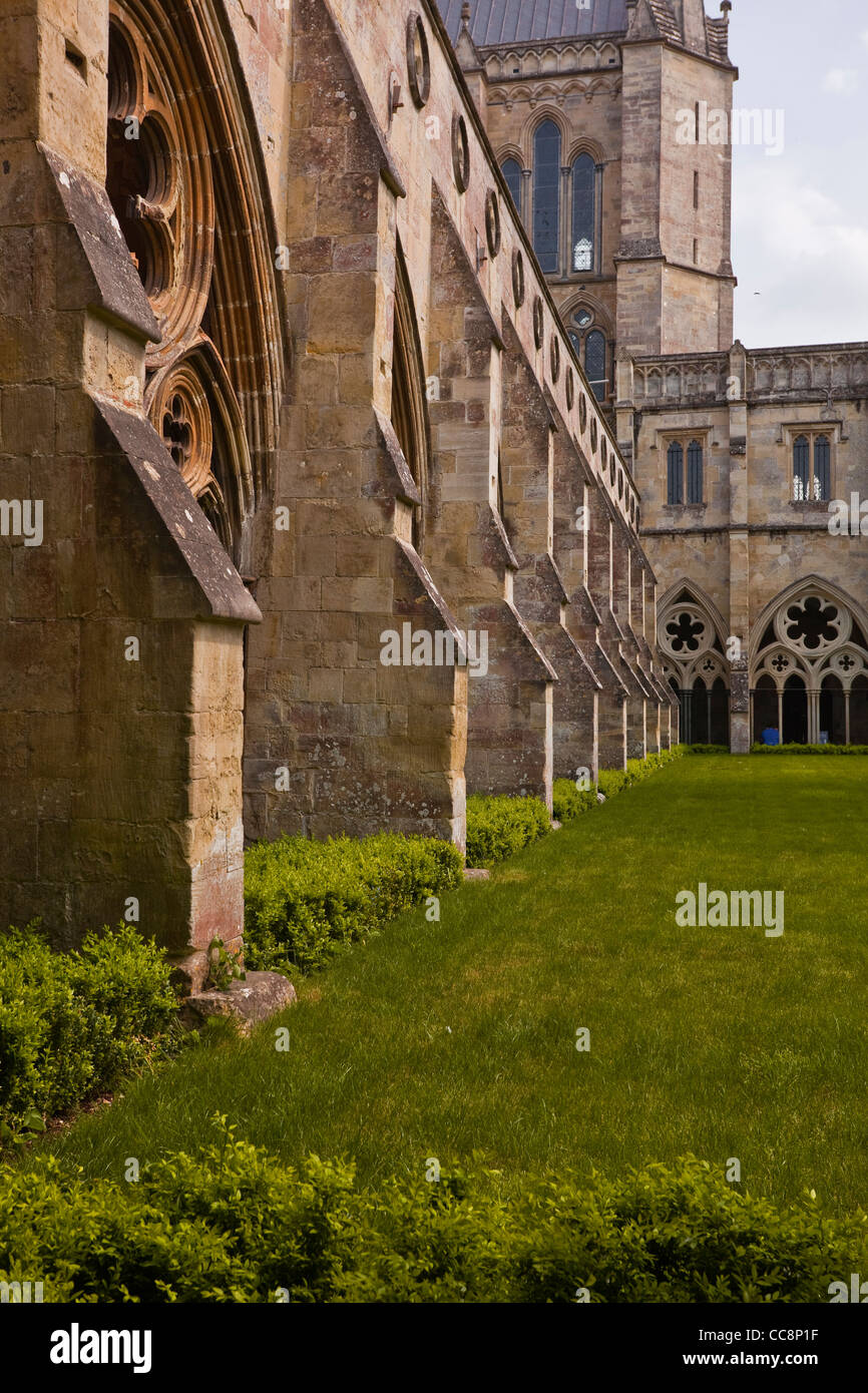 Il chiostro della cattedrale di Salisbury, Wiltshire, Inghilterra, Regno Unito Foto Stock