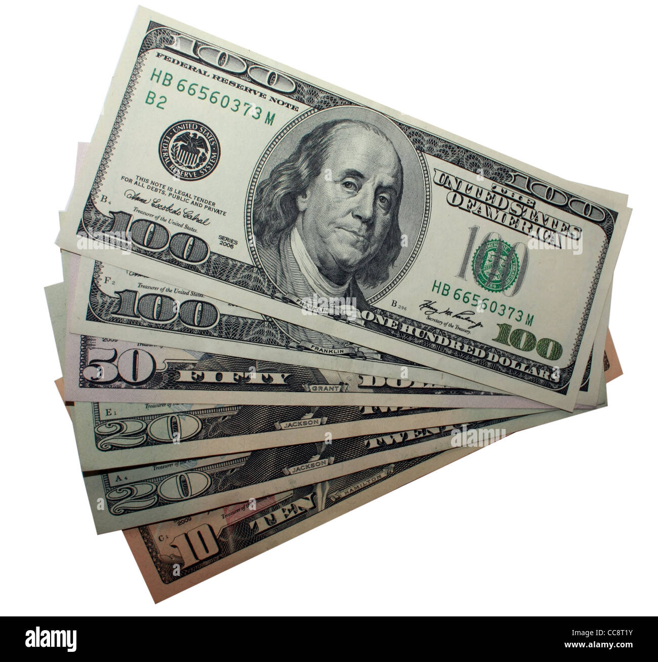 U.S valuta Dollari bill disposte in ordine uno dietro l altro come un pacchetto di schede Foto Stock