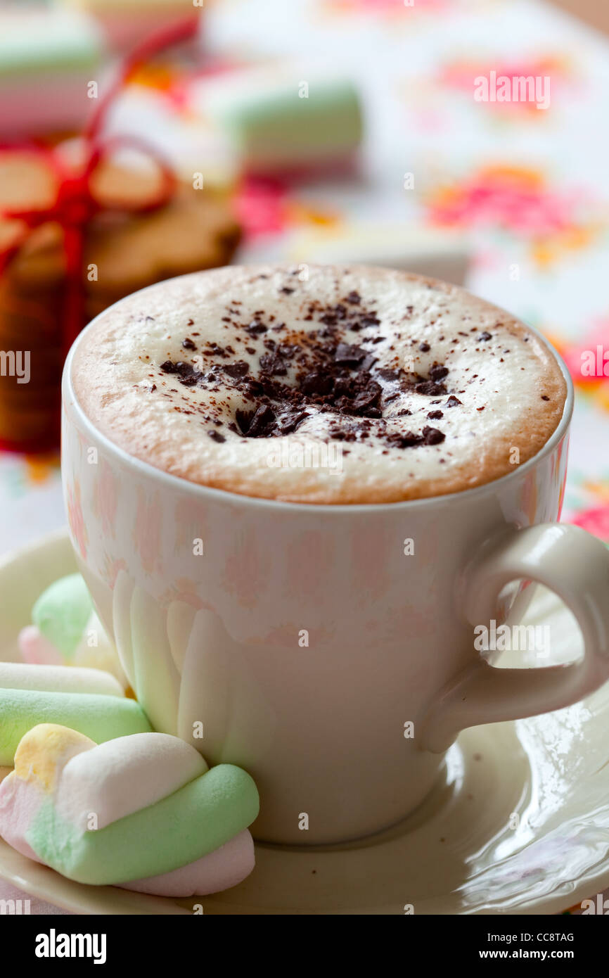 Close-up di deliziosa cioccolata calda con cioccolato spruzza e marshmallow Foto Stock