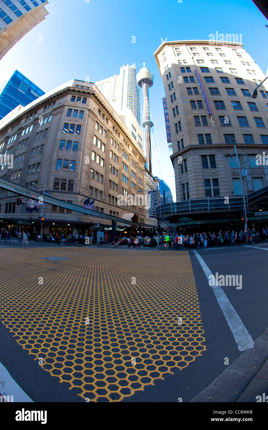 Fisheye immagine del mercato e George Street Sydney di intersezione Foto Stock