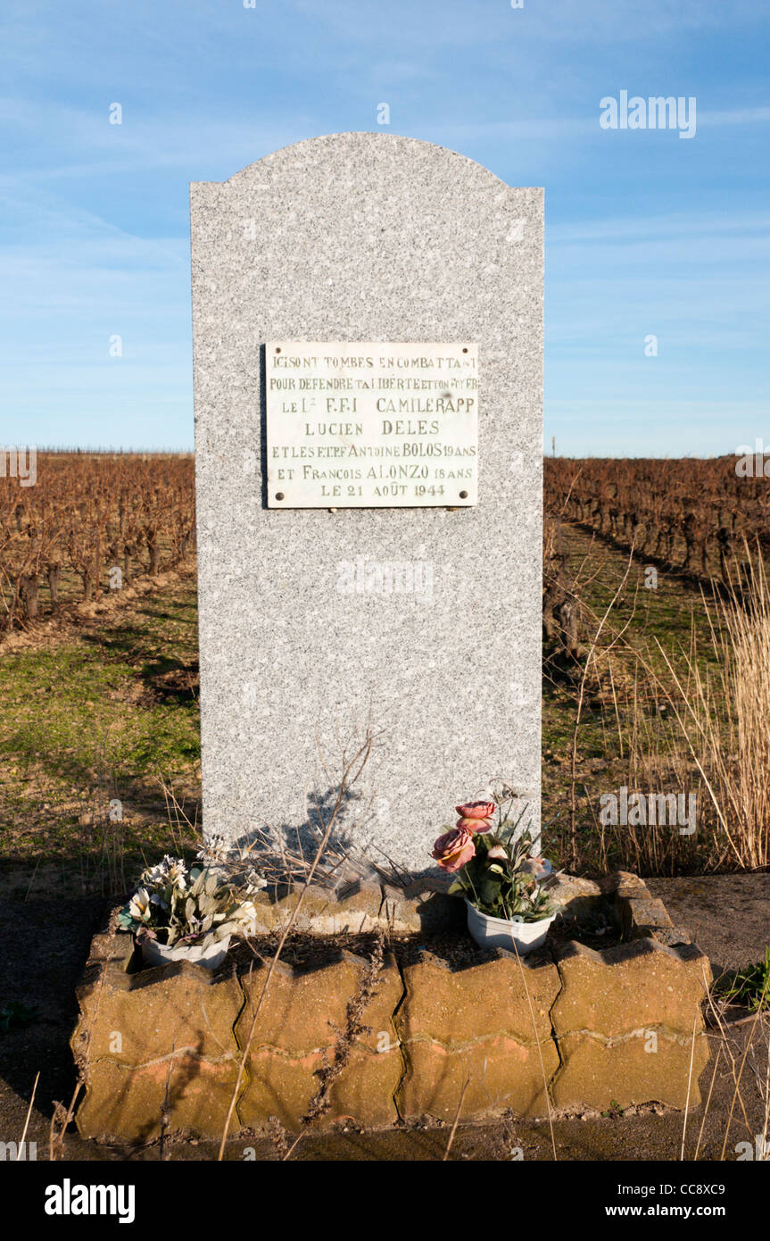 Una banchina monumento ai combattenti della resistenza nei campi di vite, Languedoc. I dettagli nella descrizione. Foto Stock