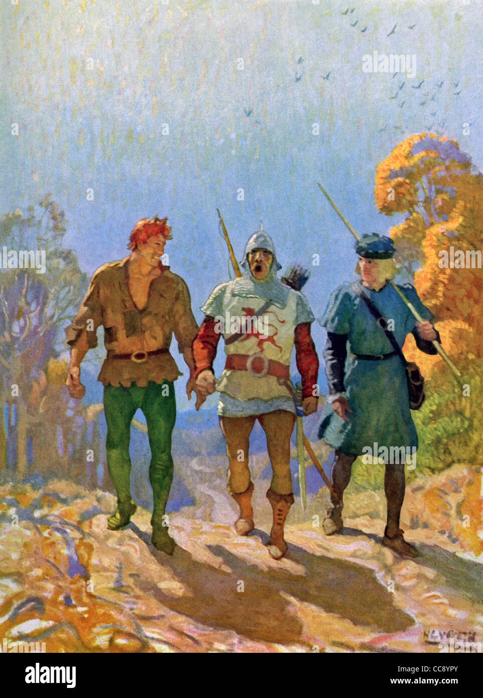 Tre membri della Compagnia Bianca-John Hordle, Samkin Aylward, e Alleyyne Edricson a piedi lungo il percorso. Foto Stock