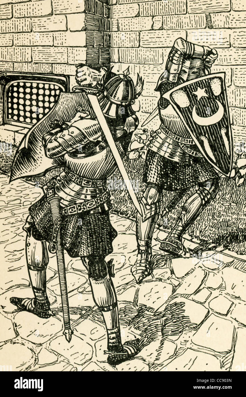 Sir Balin deve combattere la valutazione che è entrato Camelot. Dopo aver sconfitto, Balin realizza combatté Sir Balan, suo fratello. Foto Stock