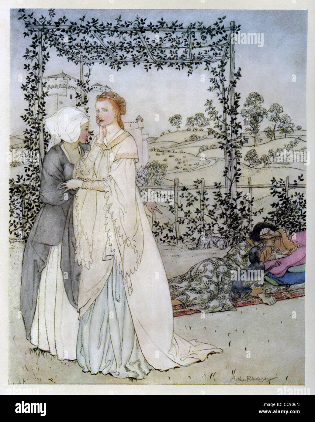 Tristam, appena vestita, è giacente in una staffa. Uno della regina Isotta (Iseult's) Onorevoli colleghe lo riconosce e racconta Isotta. Foto Stock