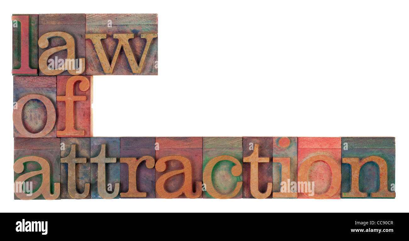 Legge di Attrazione parole in legno vintage tipografia blocchi, macchiata di inchiostri a colori, isolato su bianco Foto Stock
